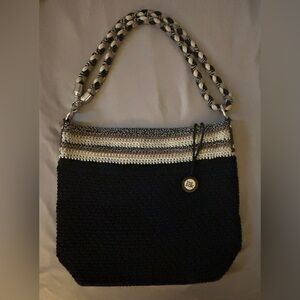 The Sak - convertible crossbody crocheted bag, black & tan with rope strap.
